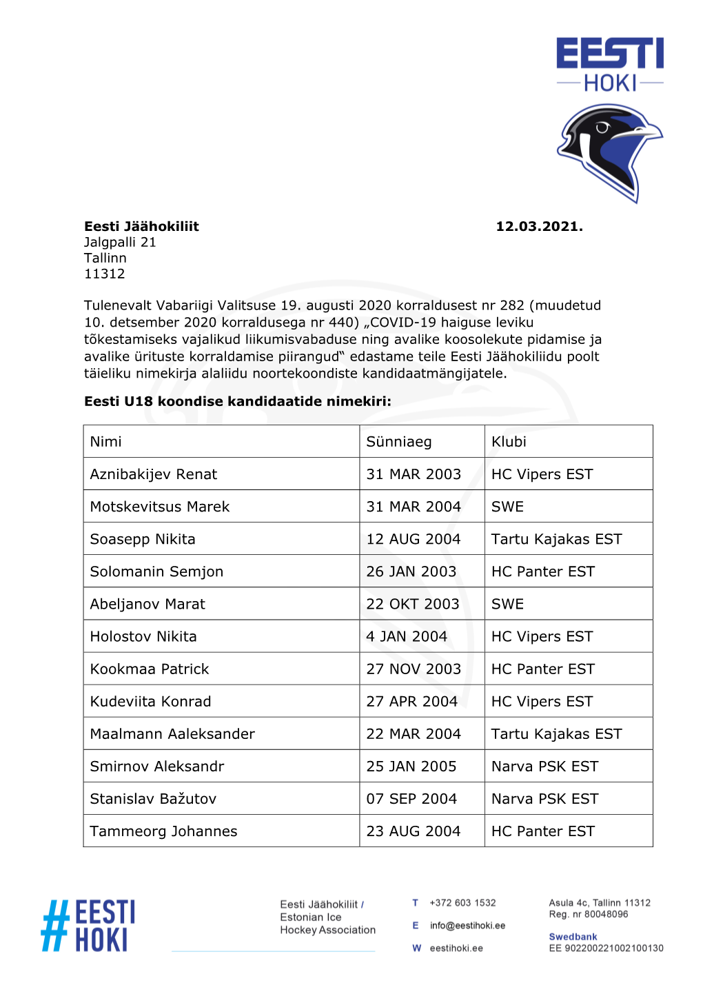 Nimi Sünniaeg Klubi Aznibakijev Renat 31 MAR 2003 HC Vipers EST Motskevitsus Marek 31 MAR 2004 SWE Soasepp Nikita 12 AUG 2004 T