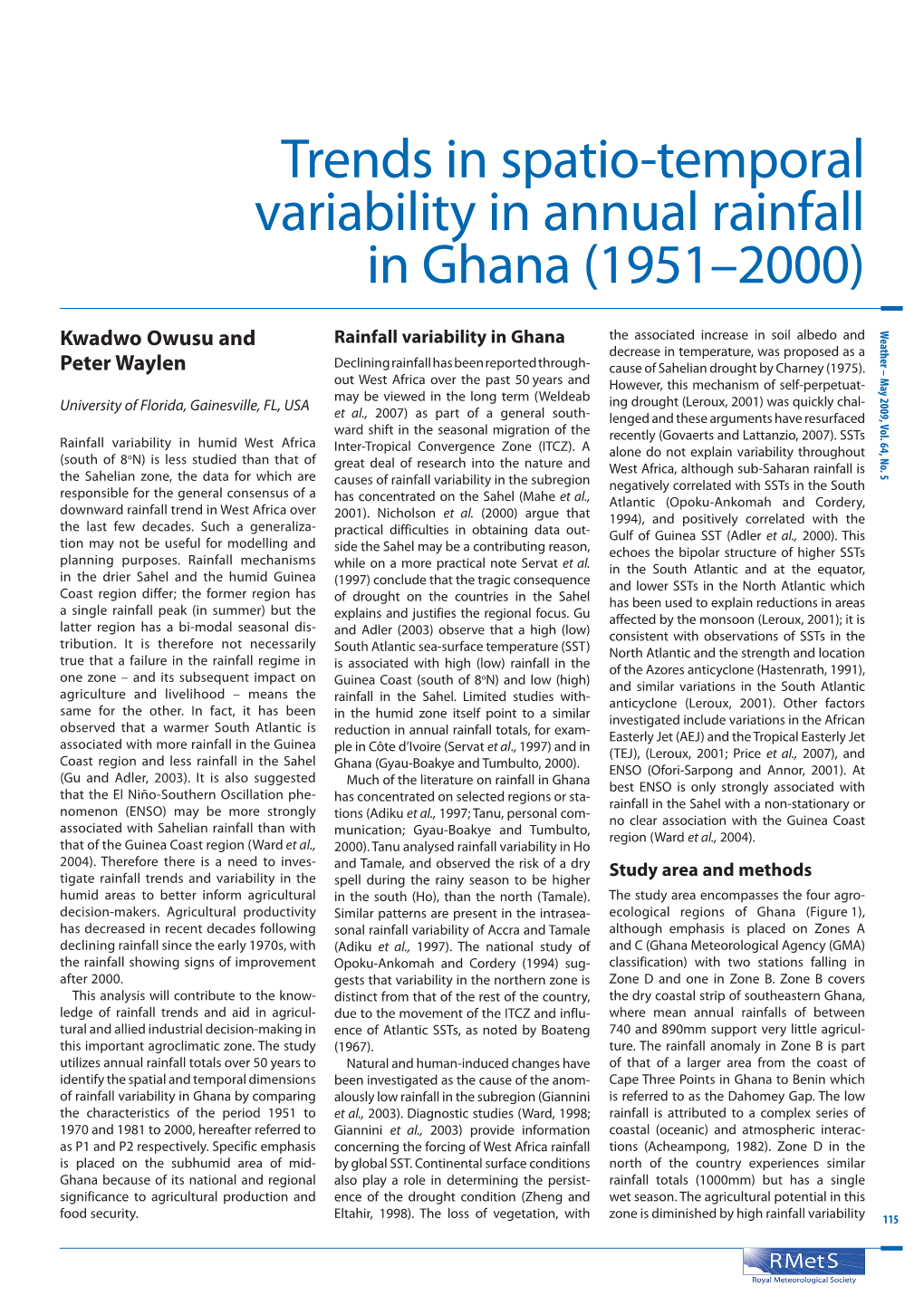 Trends in Spatio-Temporal Variability in Annual Rainfall in Ghana (1951-2000)