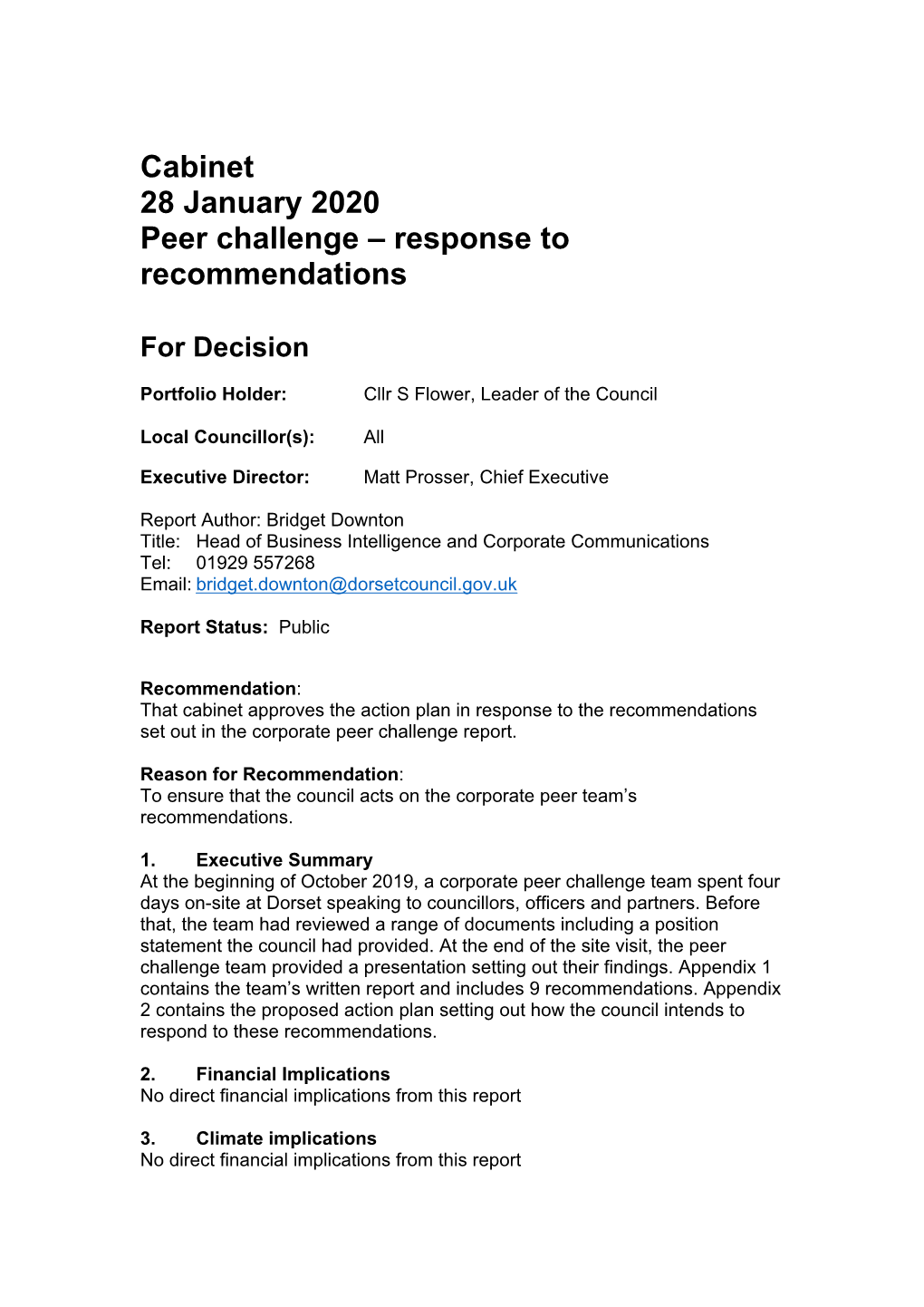 Cabinet 28 January 2020 Peer Challenge – Response to Recommendations