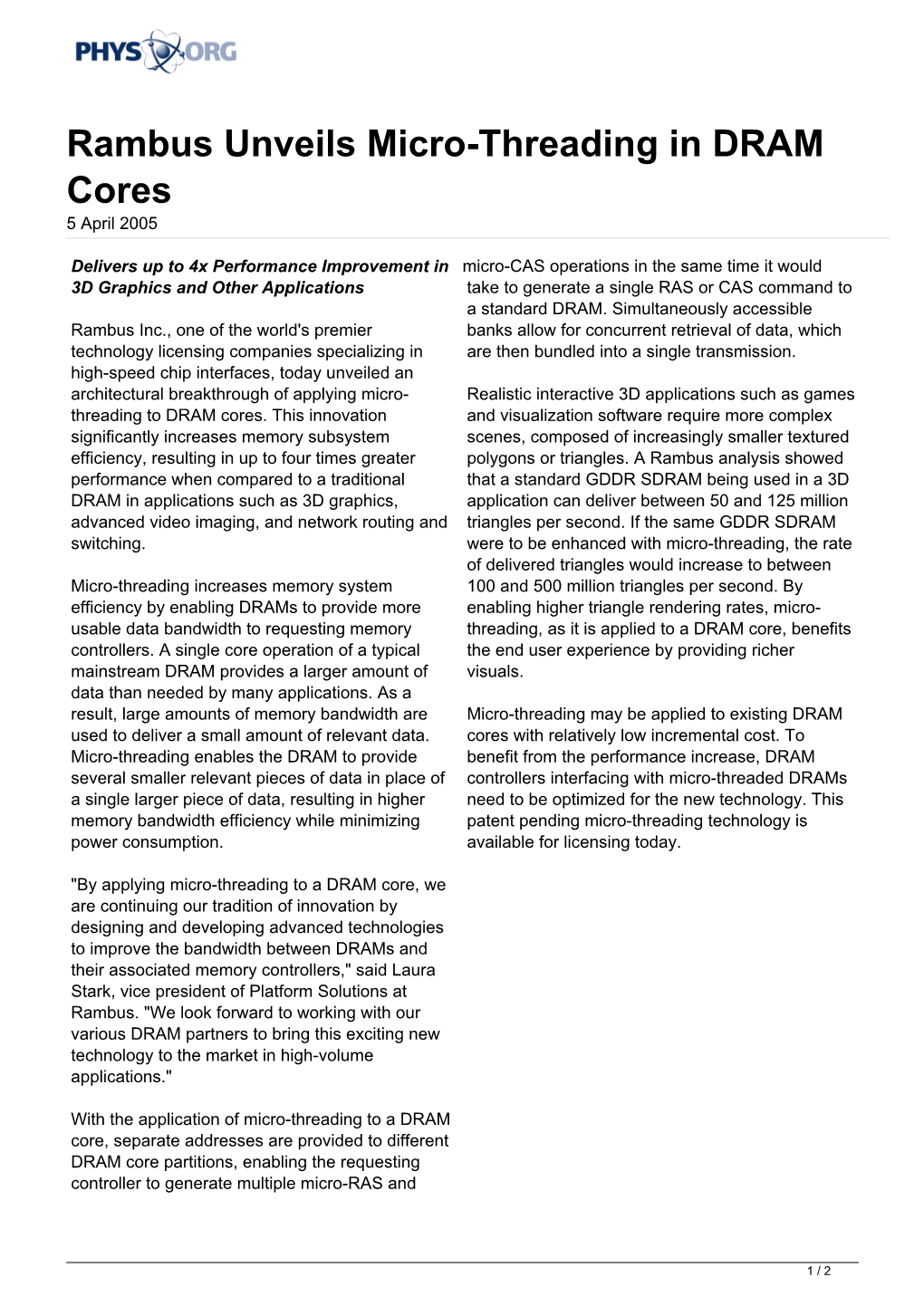 Rambus Unveils Micro-Threading in DRAM Cores 5 April 2005