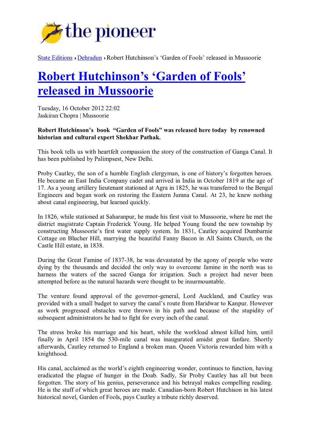 Robert Hutchinson‟S „Garden of Fools‟ Released in Mussoorie