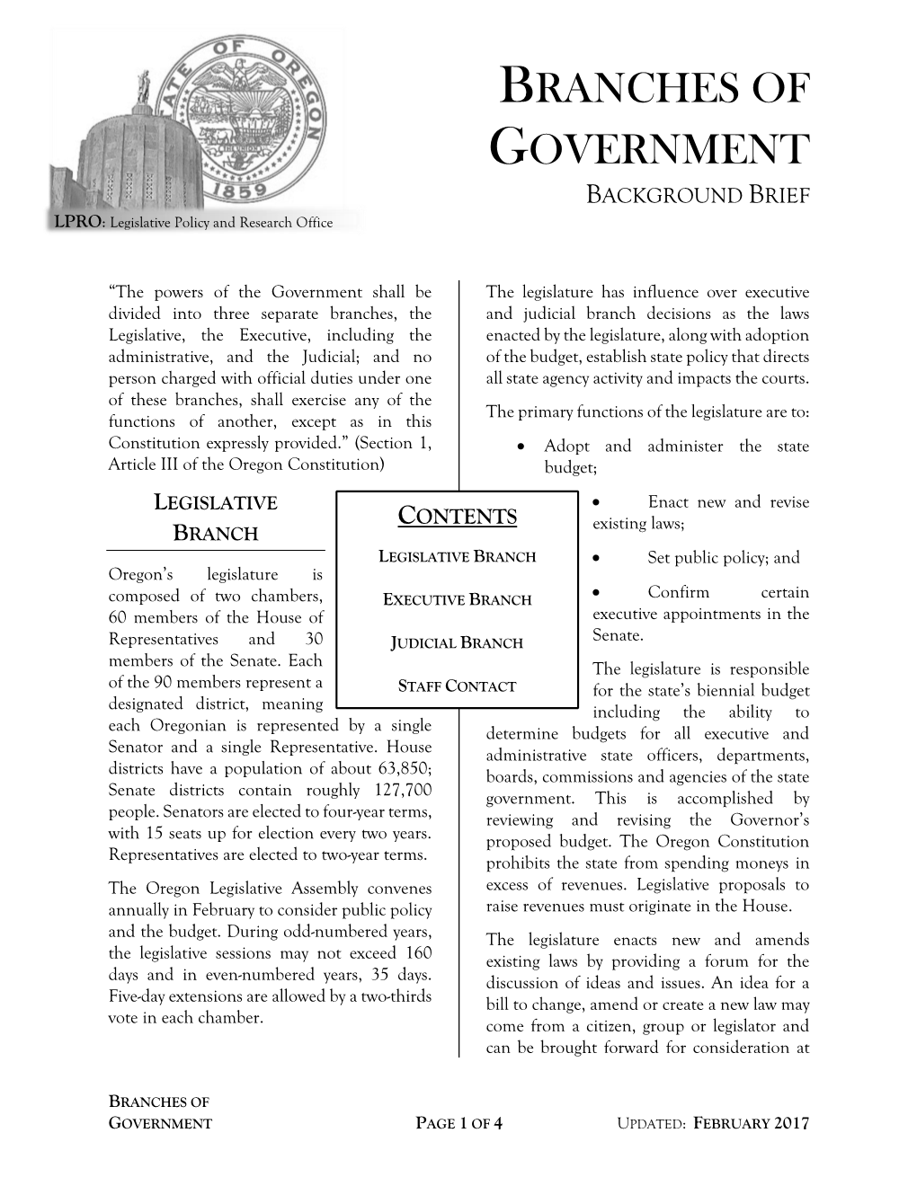 BRANCHES of GOVERNMENT BACKGROUND BRIEF LPRO: Legislative Policy and Research Office