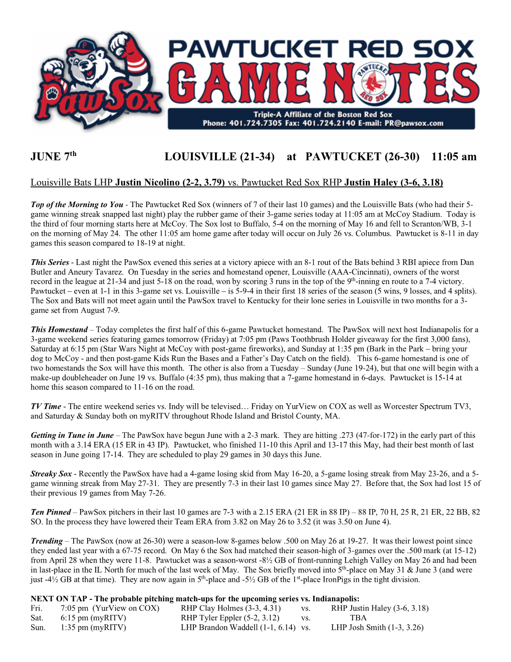 JUNE 7Th LOUISVILLE (21-34) at PAWTUCKET (26-30) 11:05 Am