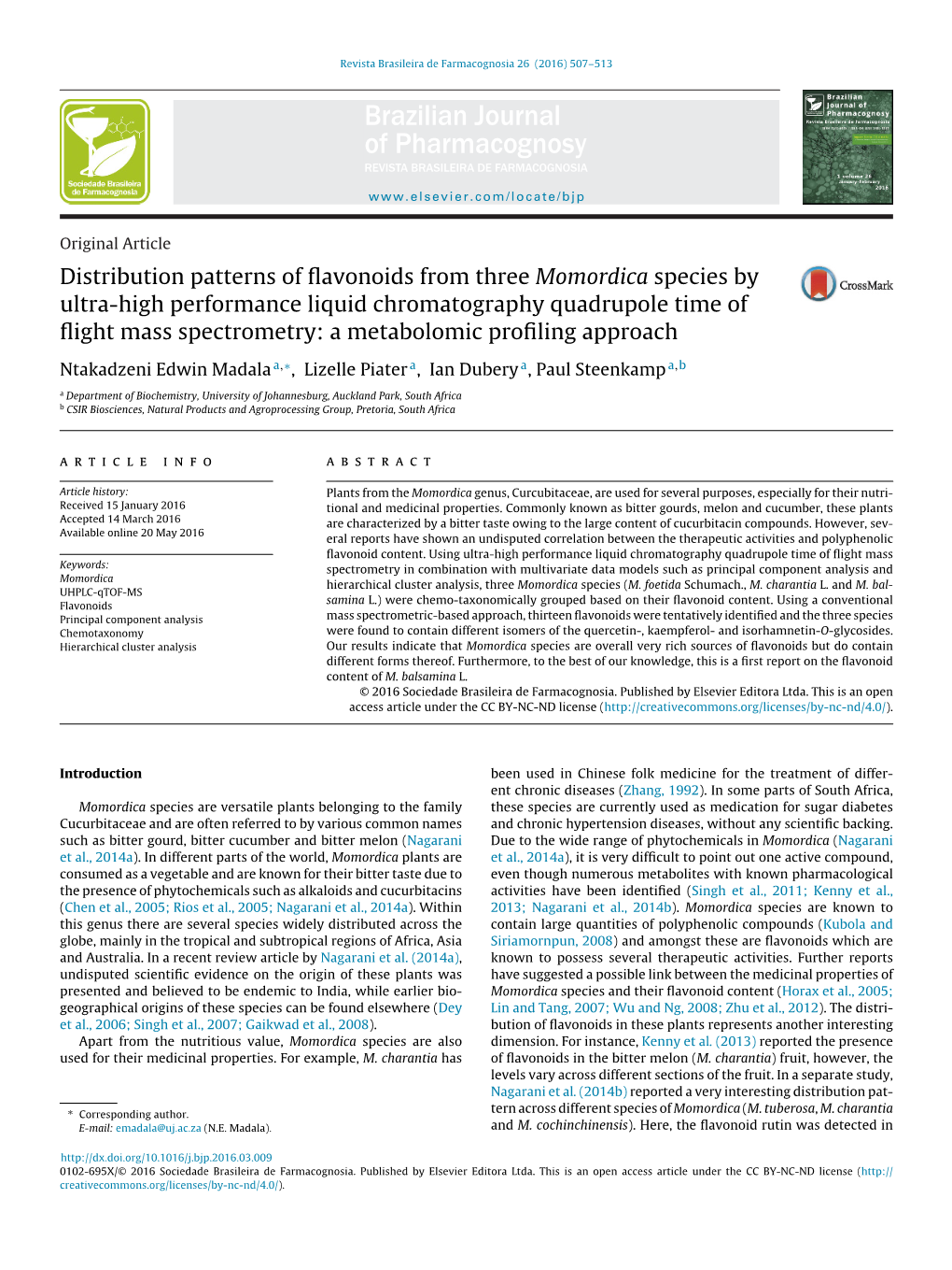 Distribution Patterns of Flavonoids from Three Momordica Species by Ultra-High Performance Liquid Chromatography Quadrupole Time