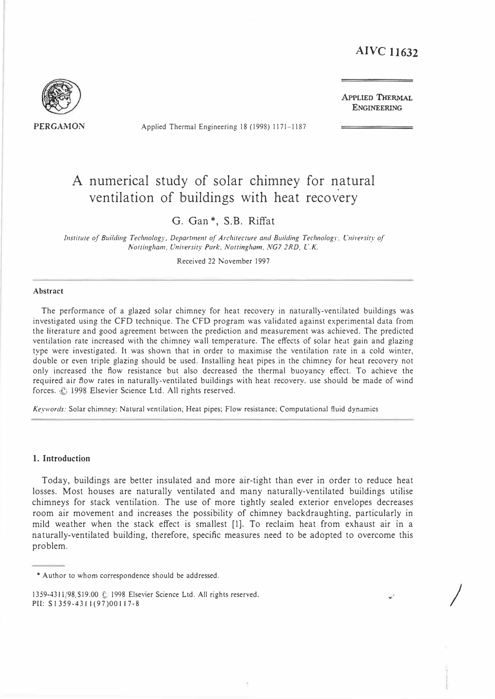 A Numerical Study of Solar Chimney for N.Atural Ventilation of Buildings with Heat Recovery G