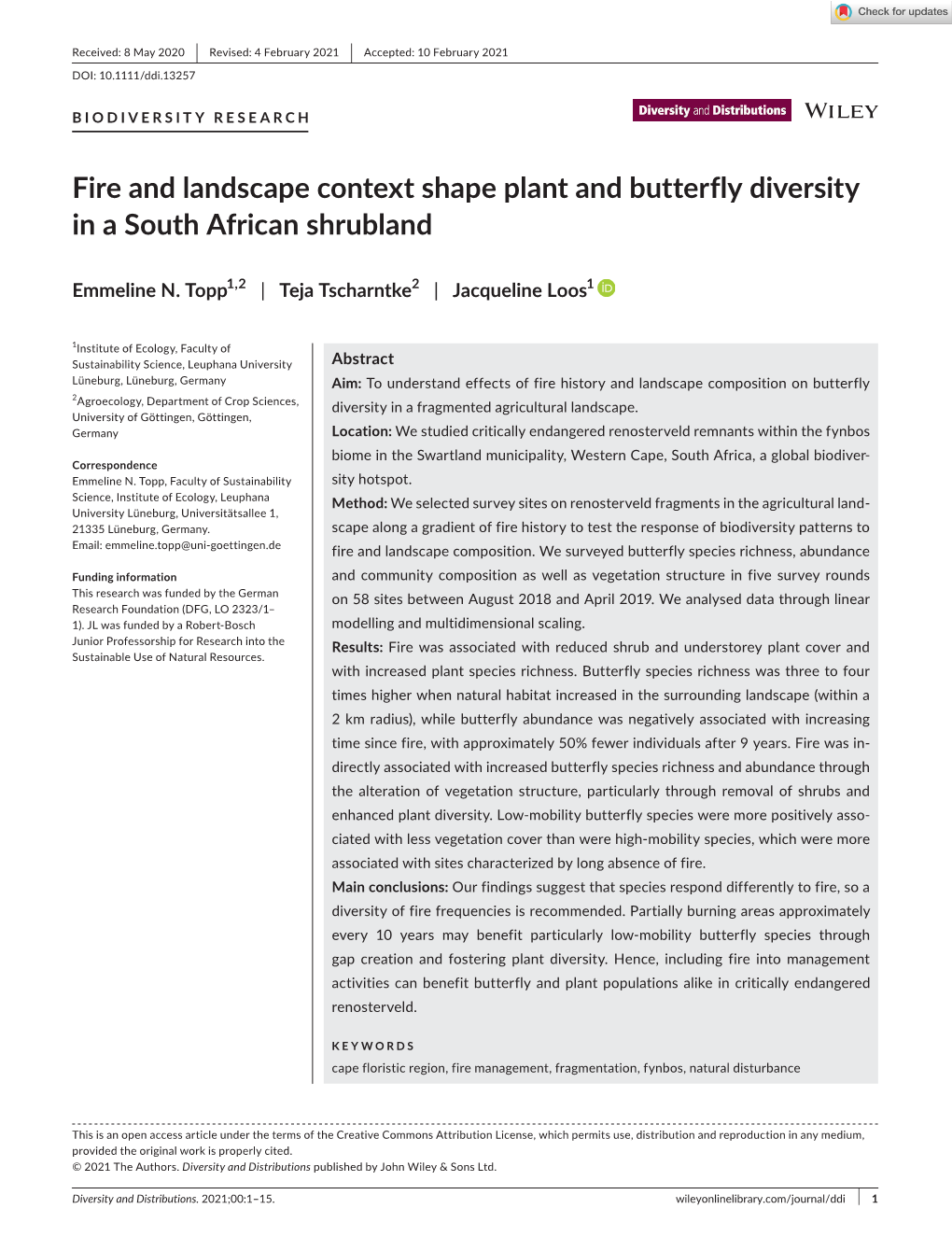 Fire and Landscape Context Shape Plant and Butterfly Diversity in a South African Shrubland