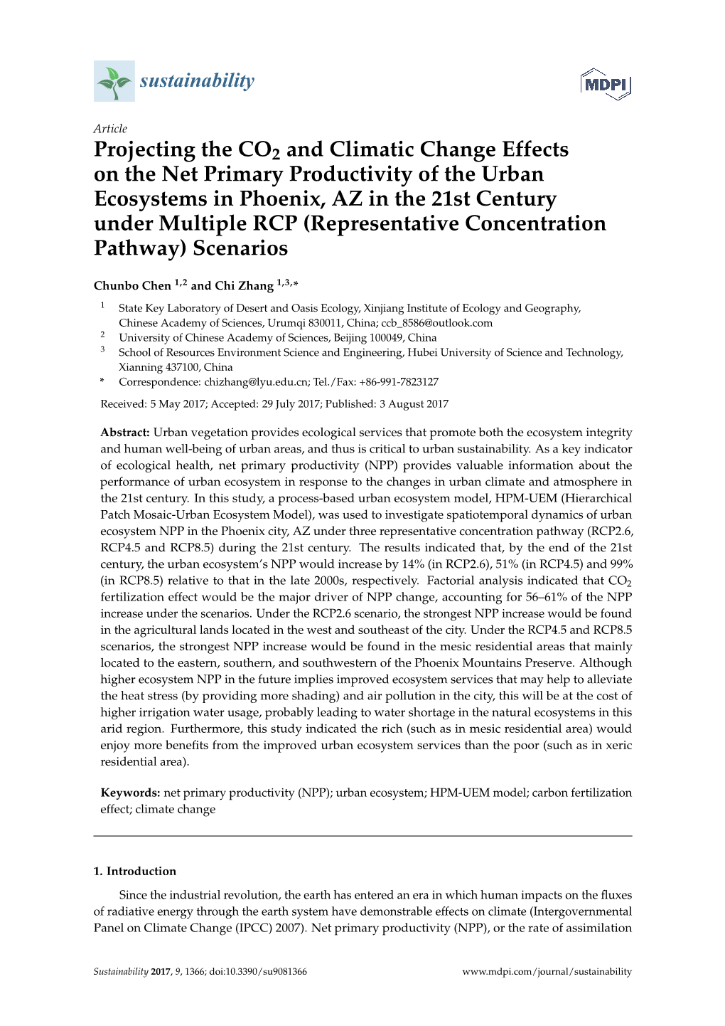 Projecting the CO2 and Climatic Change Effects on the Net Primary Productivity of the Urban Ecosystems in Phoenix, AZ in The