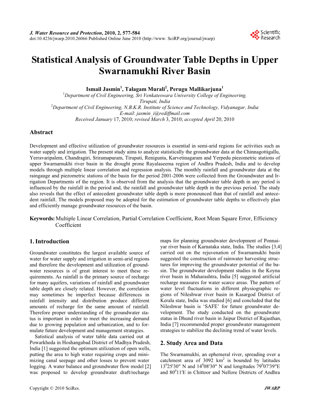 Statistical Analysis of Groundwater Table Depths in Upper Swarnamukhi River Basin