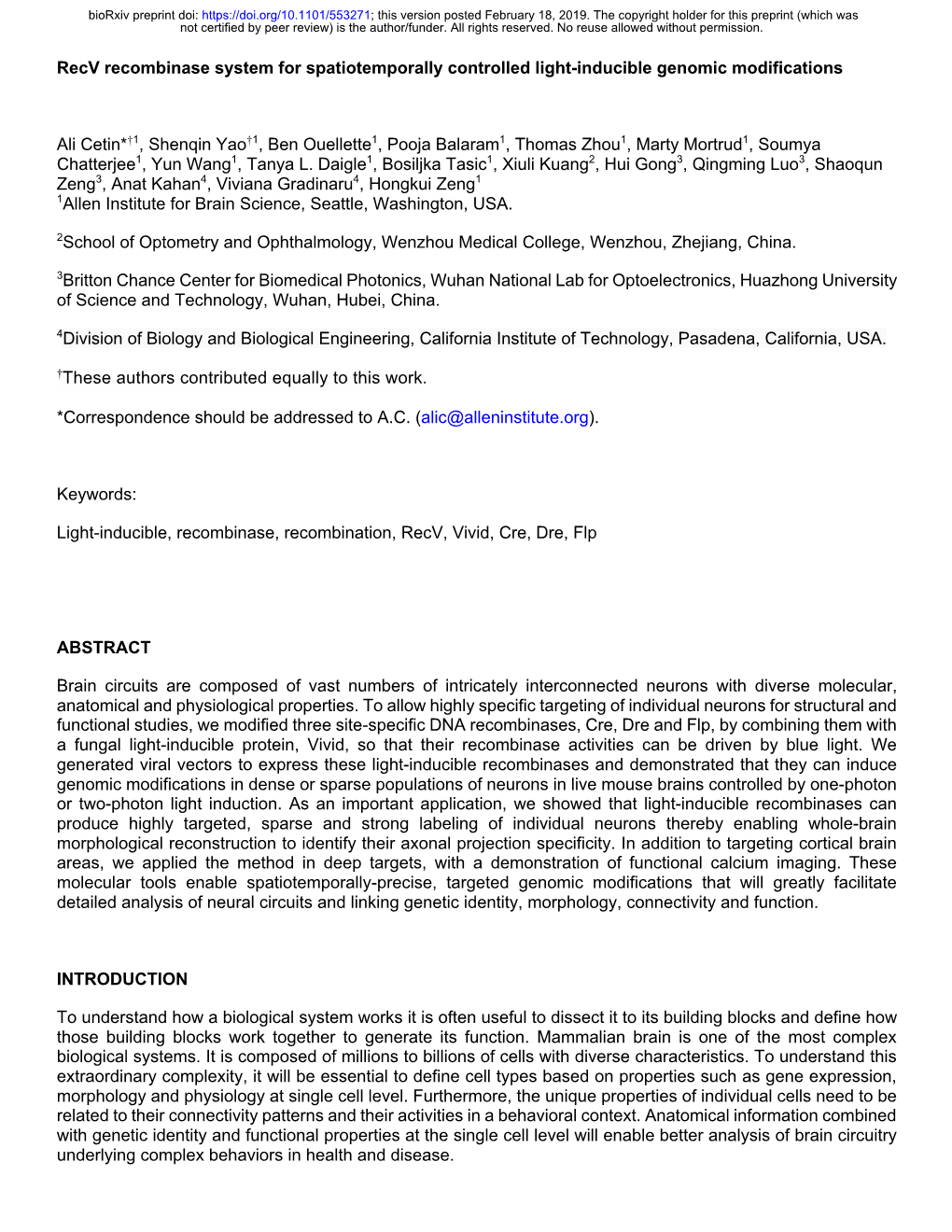 Recv Recombinase System for Spatiotemporally Controlled Light-Inducible Genomic Modifications