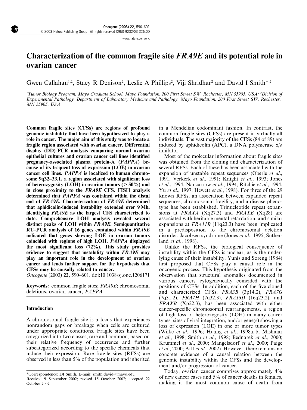 Characterization of the Common Fragile Site FRA9E and Its Potential Role in Ovarian Cancer