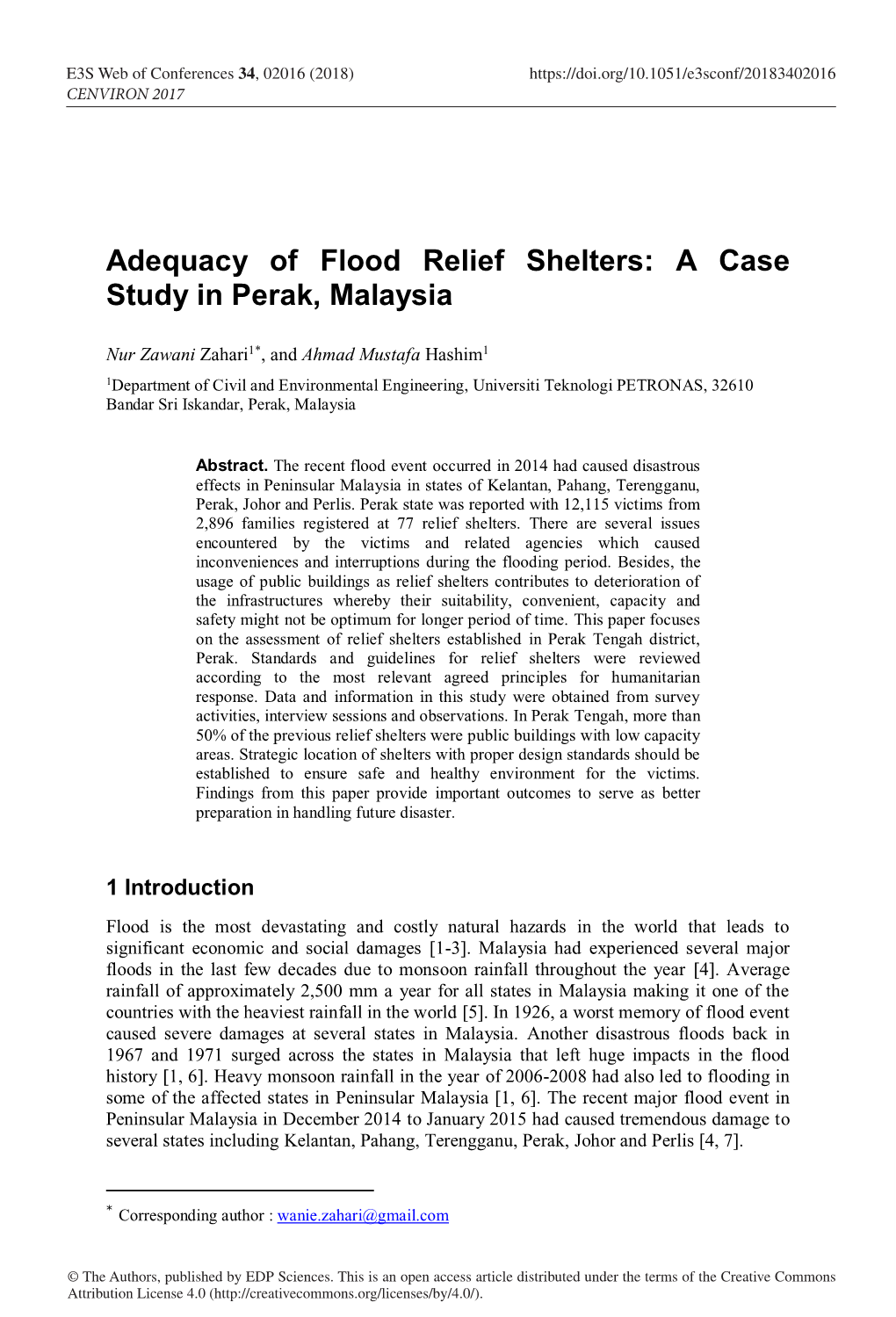 Adequacy of Flood Relief Shelters: a Case Study in Perak, Malaysia