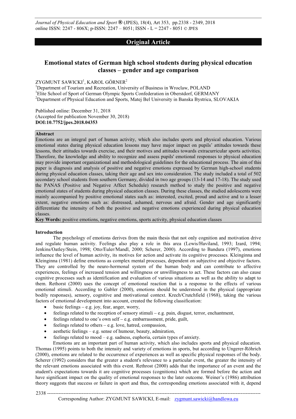 Emotional States of German High School Students During Physical Education Classes – Gender and Age Comparison