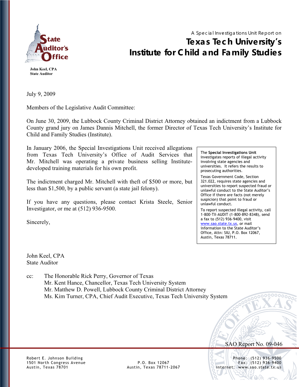 A Special Investigations Unit Report on Texas Tech University's Institute for Child and Family Studies