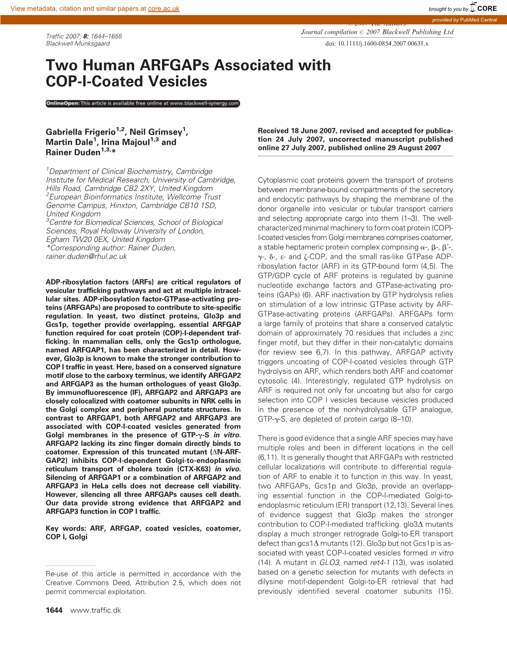 Two Human Arfgaps Associated with COP-I-Coated Vesicles