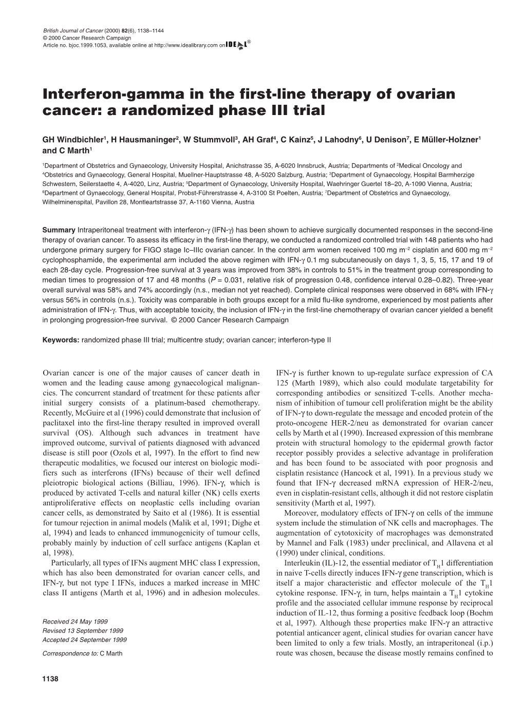 Interferon-Gamma in the First-Line Therapy of Ovarian Cancer