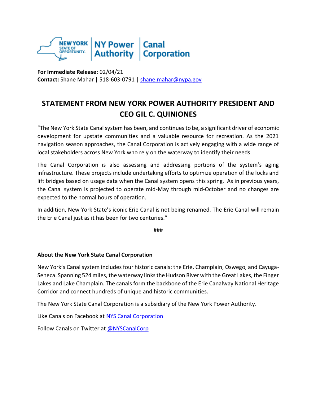 Statement from New York Power Authority President and Ceo Gil C
