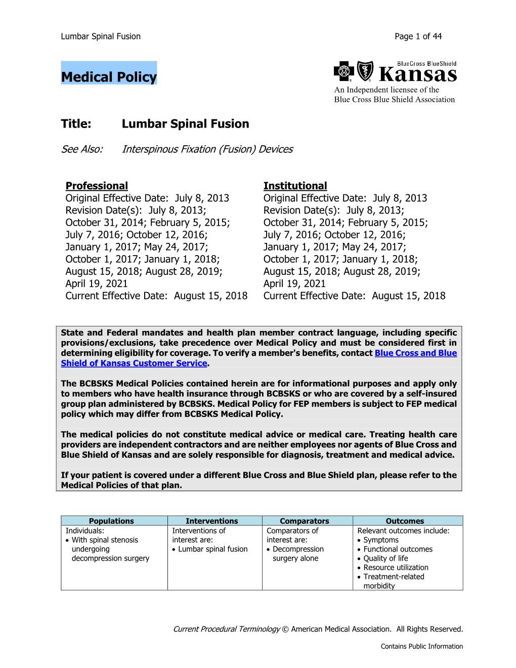 Lumbar Spinal Fusion Page 1 of 44