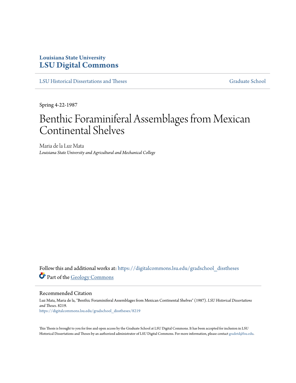 Benthic Foraminiferal Assemblages from Mexican Continental Shelves Maria De La Luz Mata Louisiana State University and Agricultural and Mechanical College