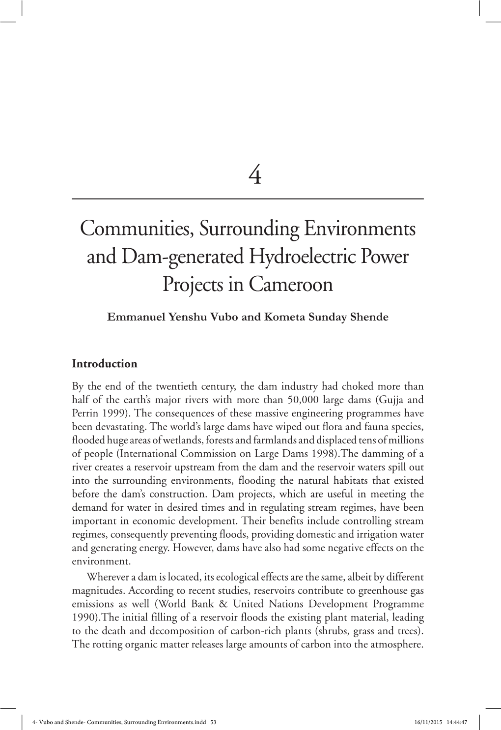 Communities, Surrounding Environments and Dam-Generated Hydroelectric Power Projects in Cameroon