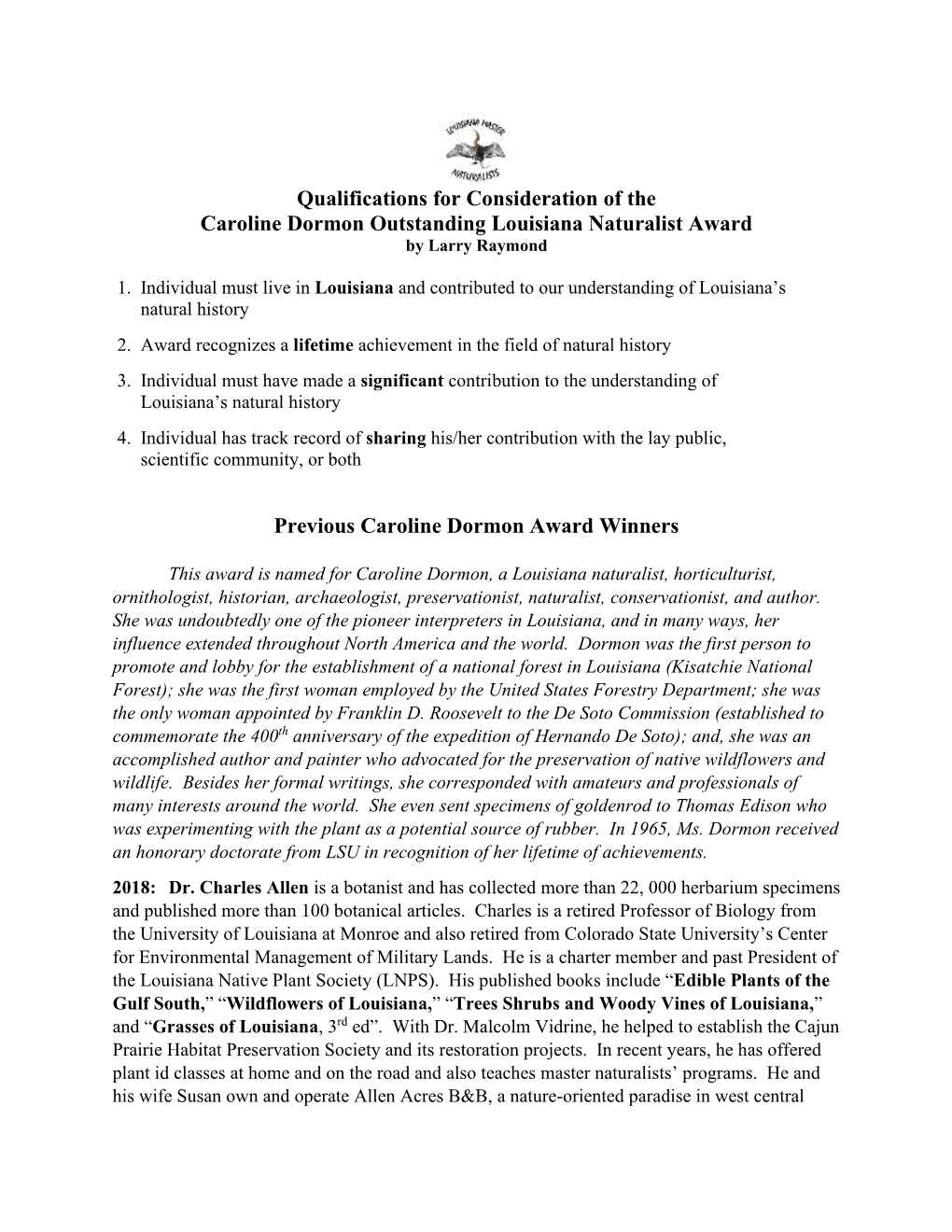 Qualifications for Consideration of the Caroline Dormon Outstanding Louisiana Naturalist Award by Larry Raymond