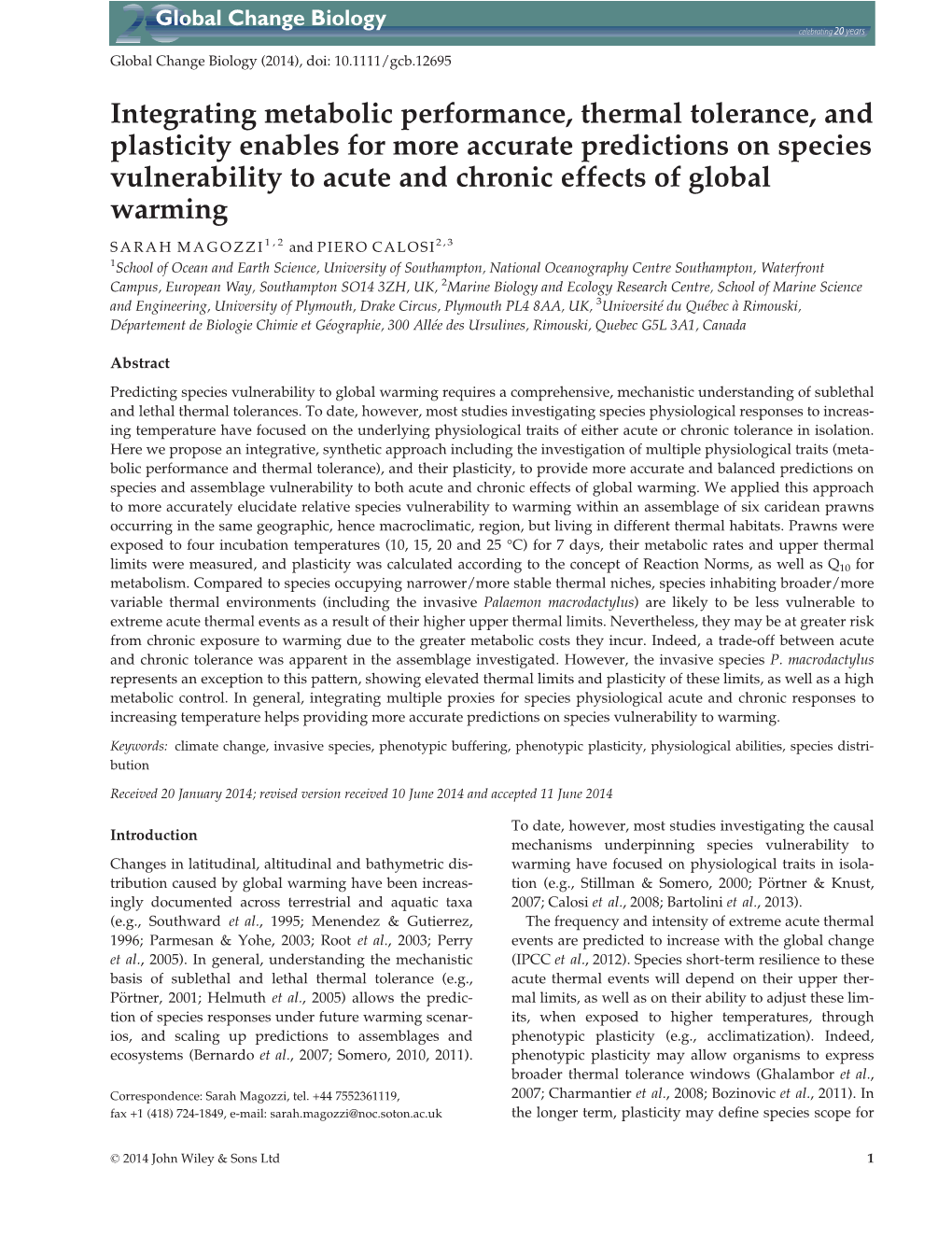 Integrating Metabolic Performance, Thermal Tolerance, and Plasticity