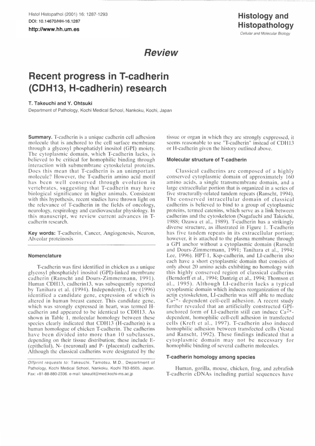 Review Recent Progress in T-Cadherin