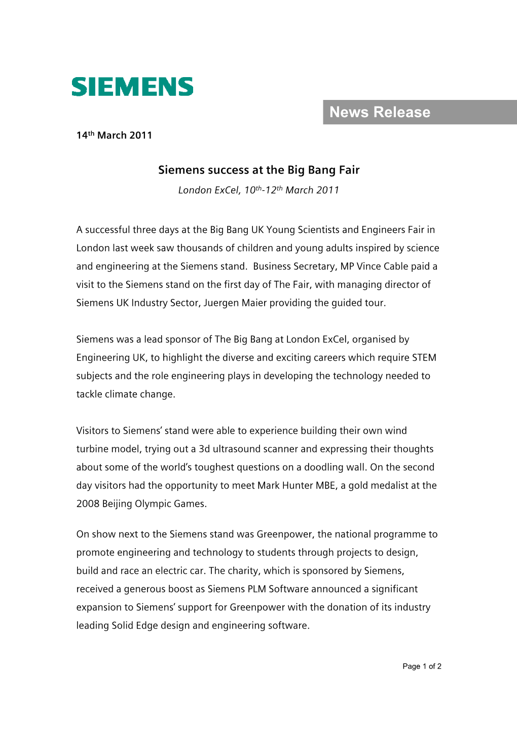 News Release 14Th March 2011