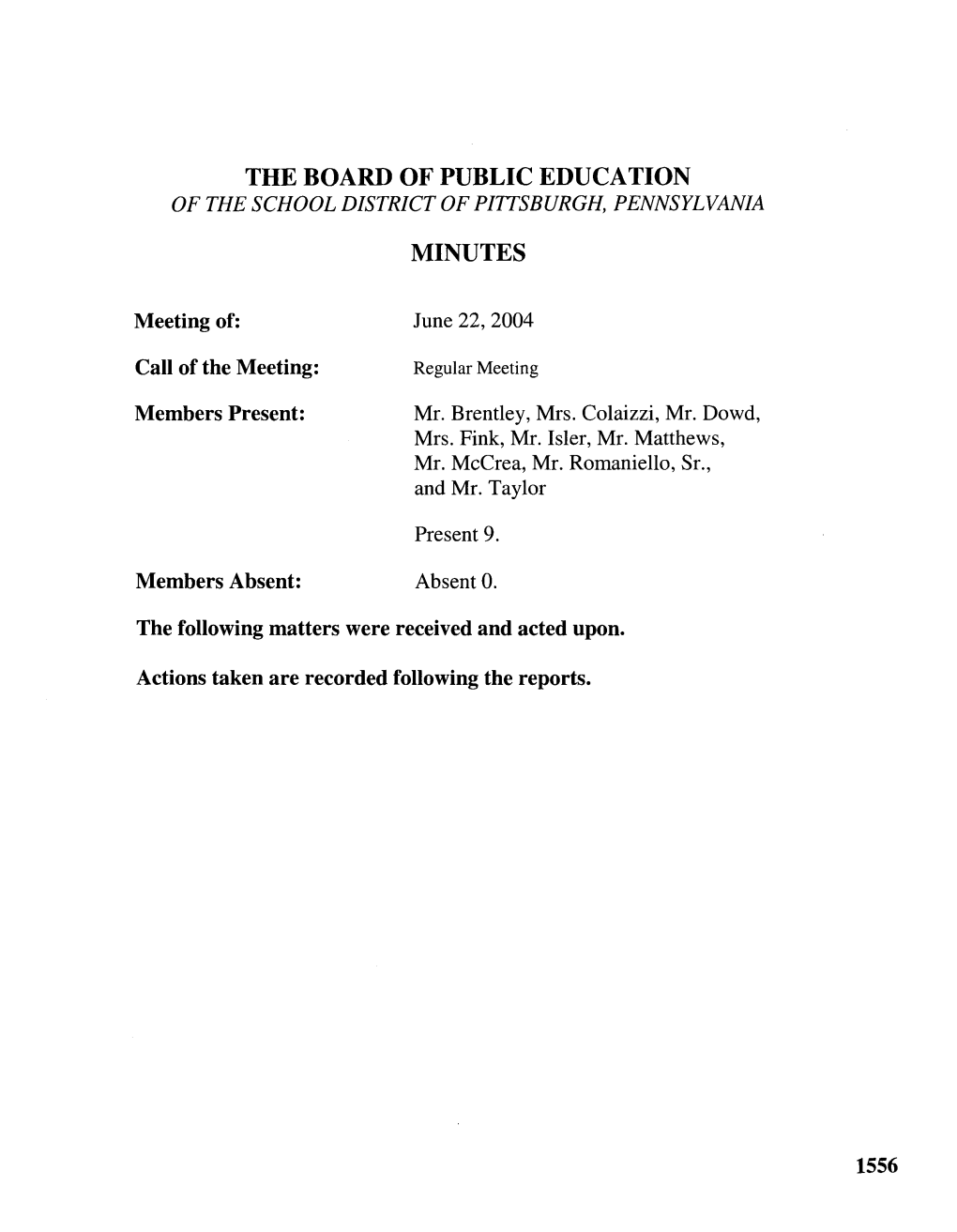 The Board of Public Education Minutes