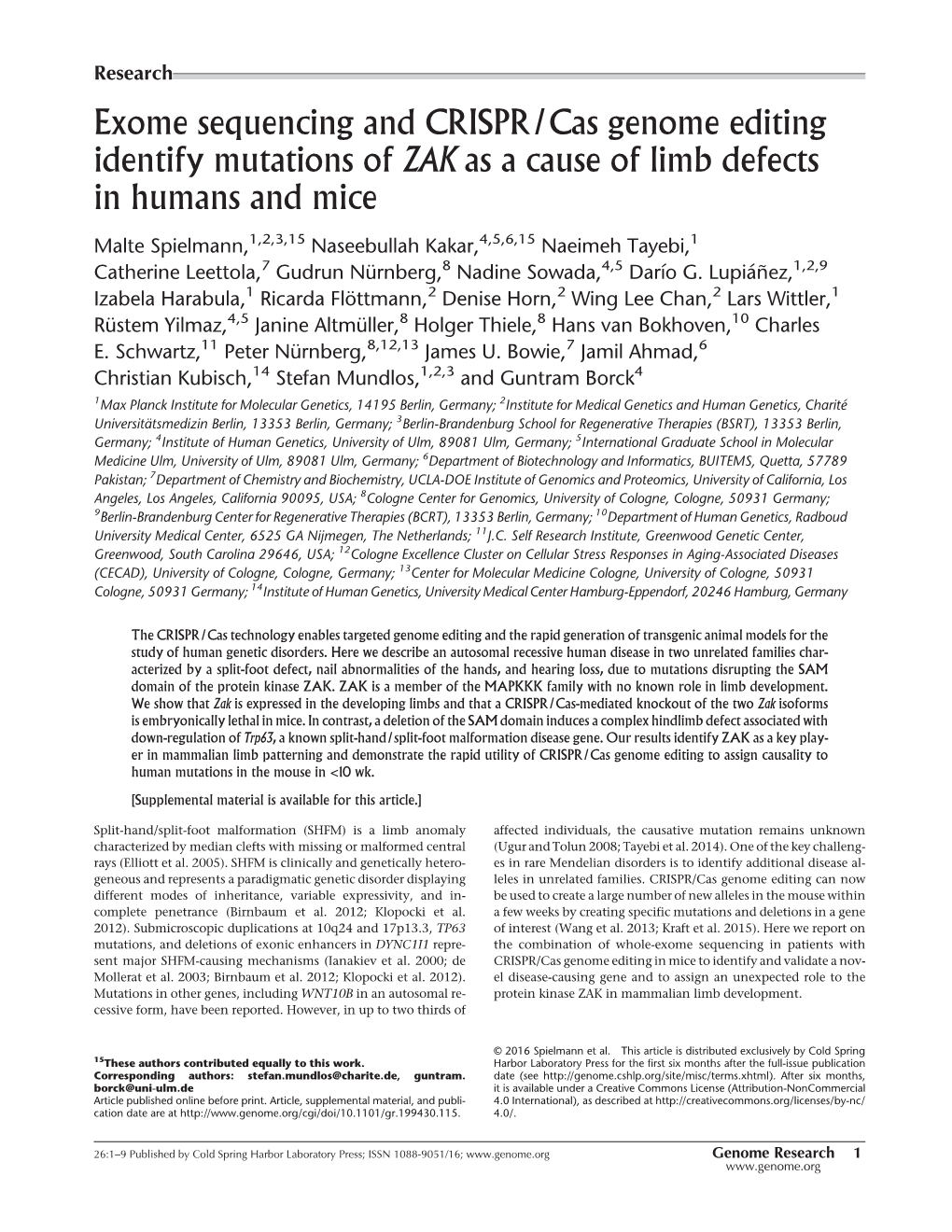 Exome Sequencing and CRISPR/Cas Genome Editing Identify Mutations of ZAK As a Cause of Limb Defects in Humans and Mice