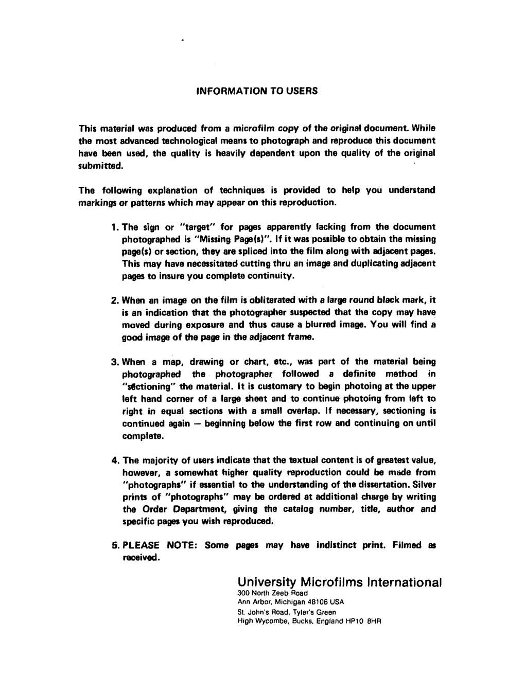 University Microfiims International 300 North Zeeb Road Ann Arbor, Michigan 48106 USA St, John's Road, Tyler's Green High Wycombe, Bucks