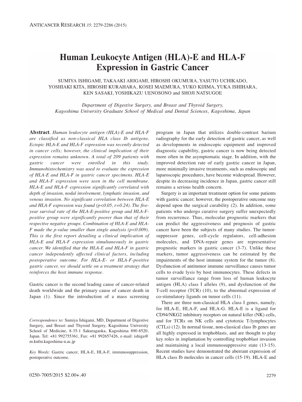 Human Leukocyte Antigen (HLA)-E and HLA-F Expression in Gastric Cancer