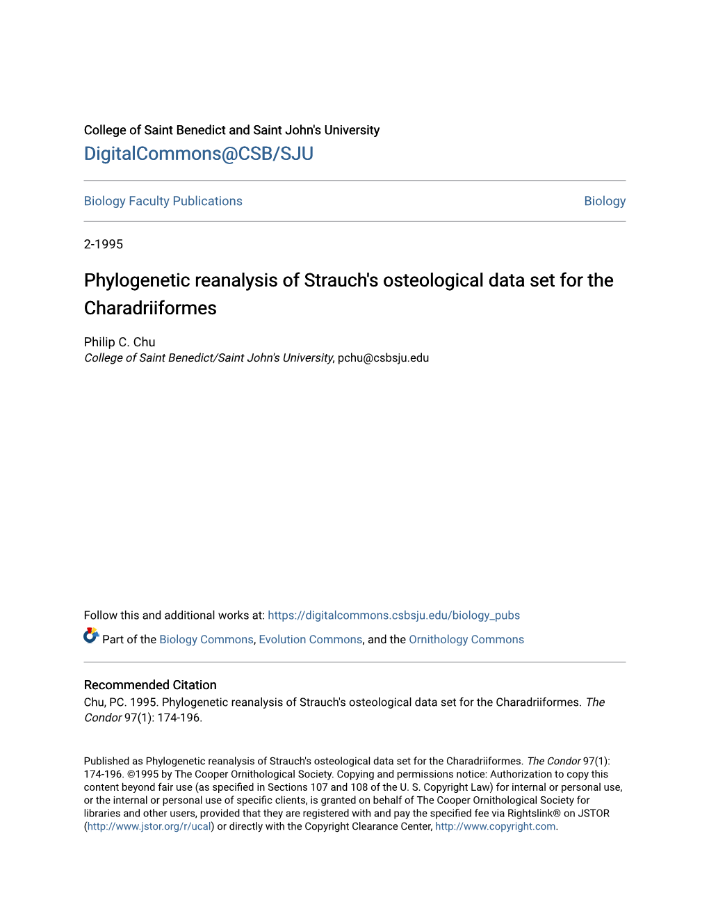 Phylogenetic Reanalysis of Strauch's Osteological Data Set for the Charadriiformes