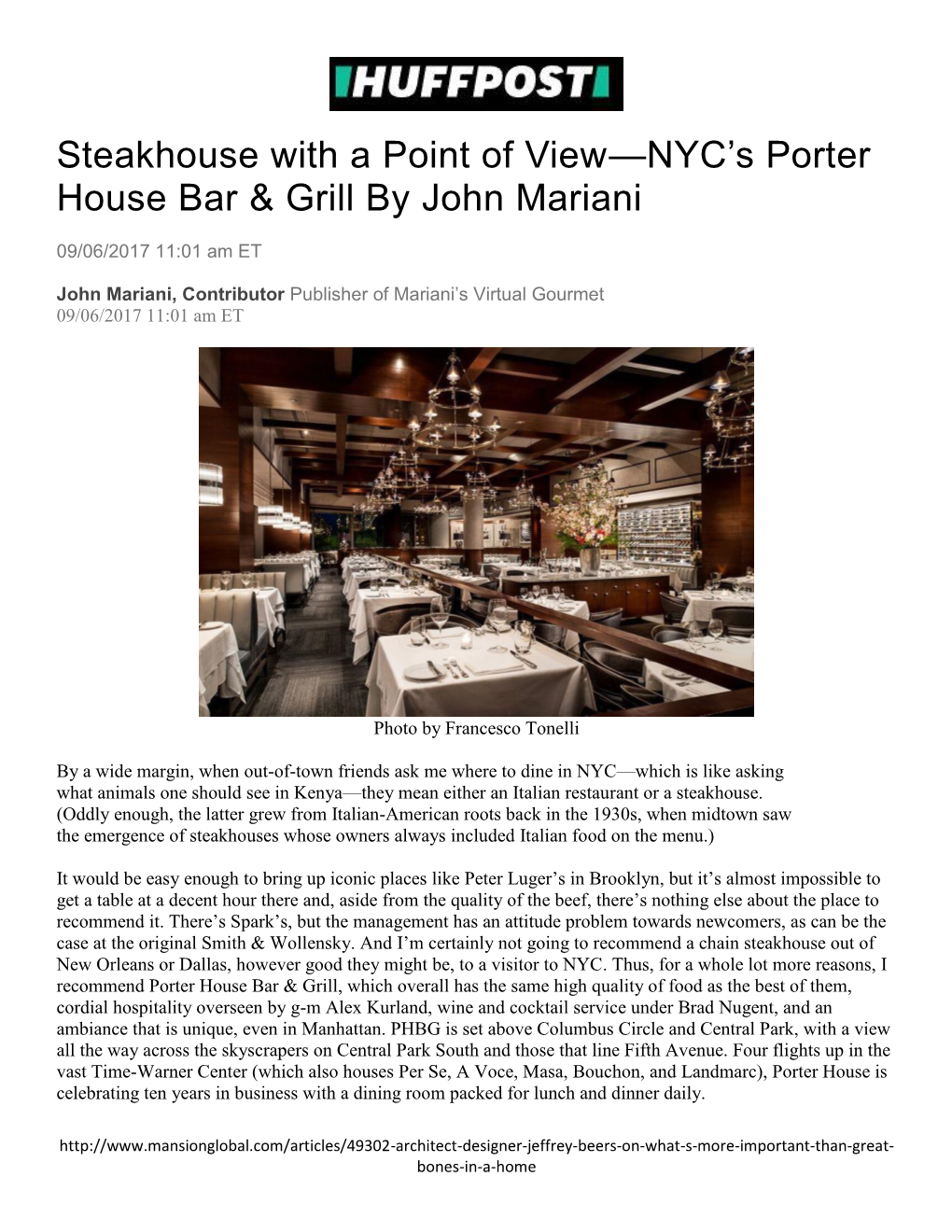 Steakhouse with a Point of View—NYC's Porter House Bar & Grill