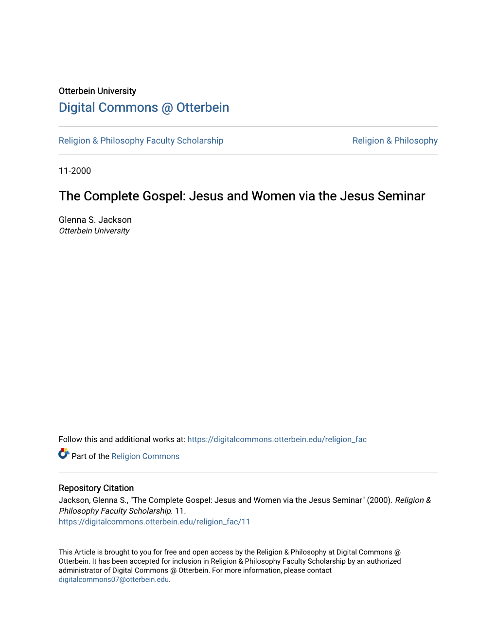 The Complete Gospel: Jesus and Women Via the Jesus Seminar