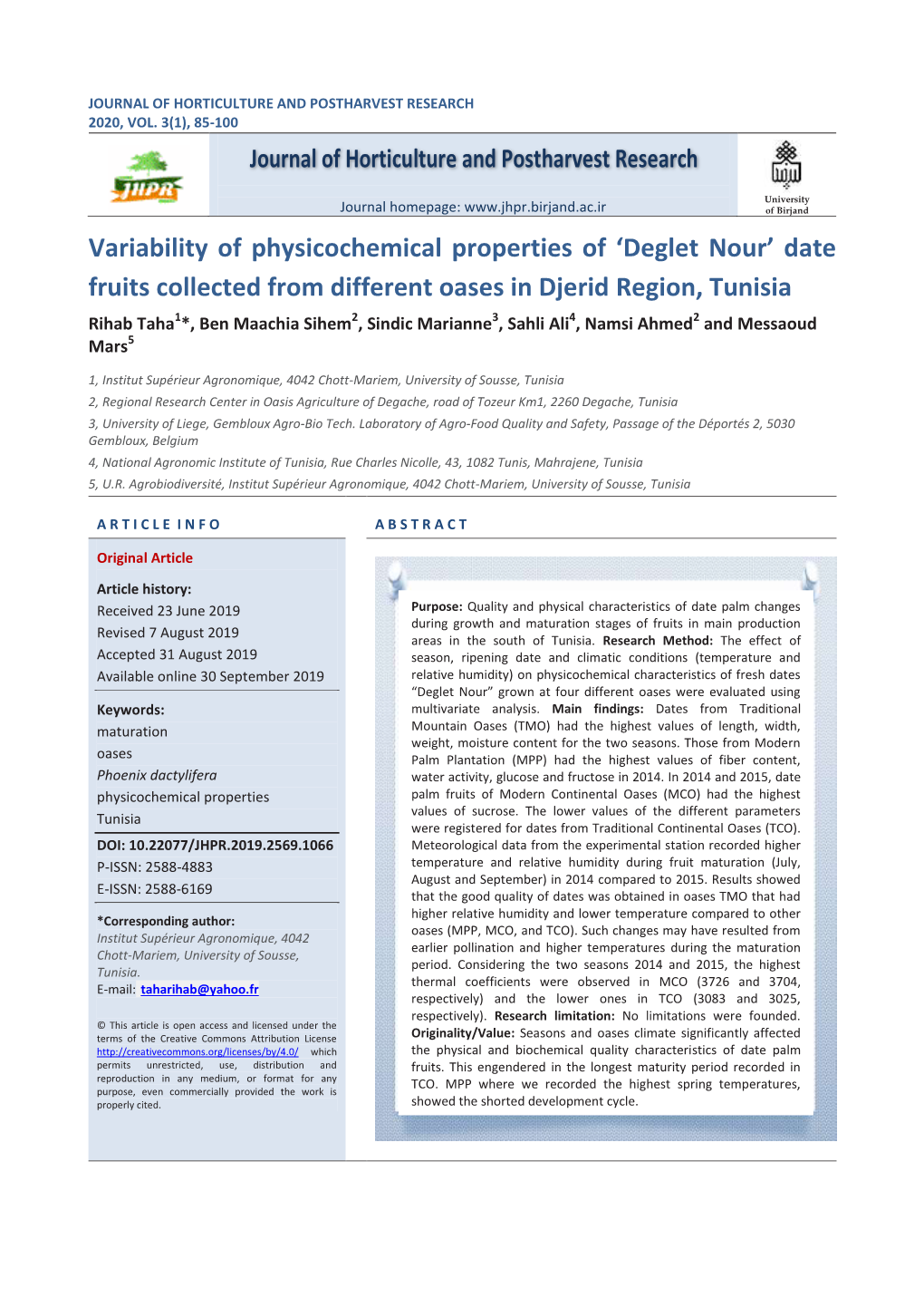 Variability of Physicochemical Properties of 'Deglet Nour' Date Fruits Collected from Different Oases in Djerid Region, Tuni