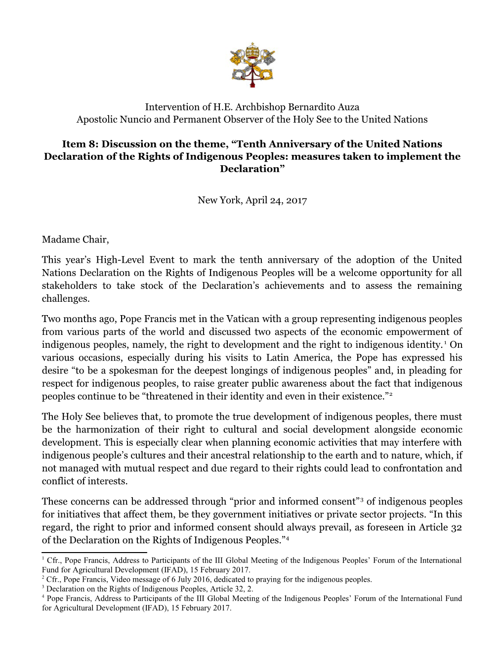 Intervention of H.E. Archbishop Bernardito Auza Apostolic Nuncio and Permanent Observer of the Holy See to the United Nations