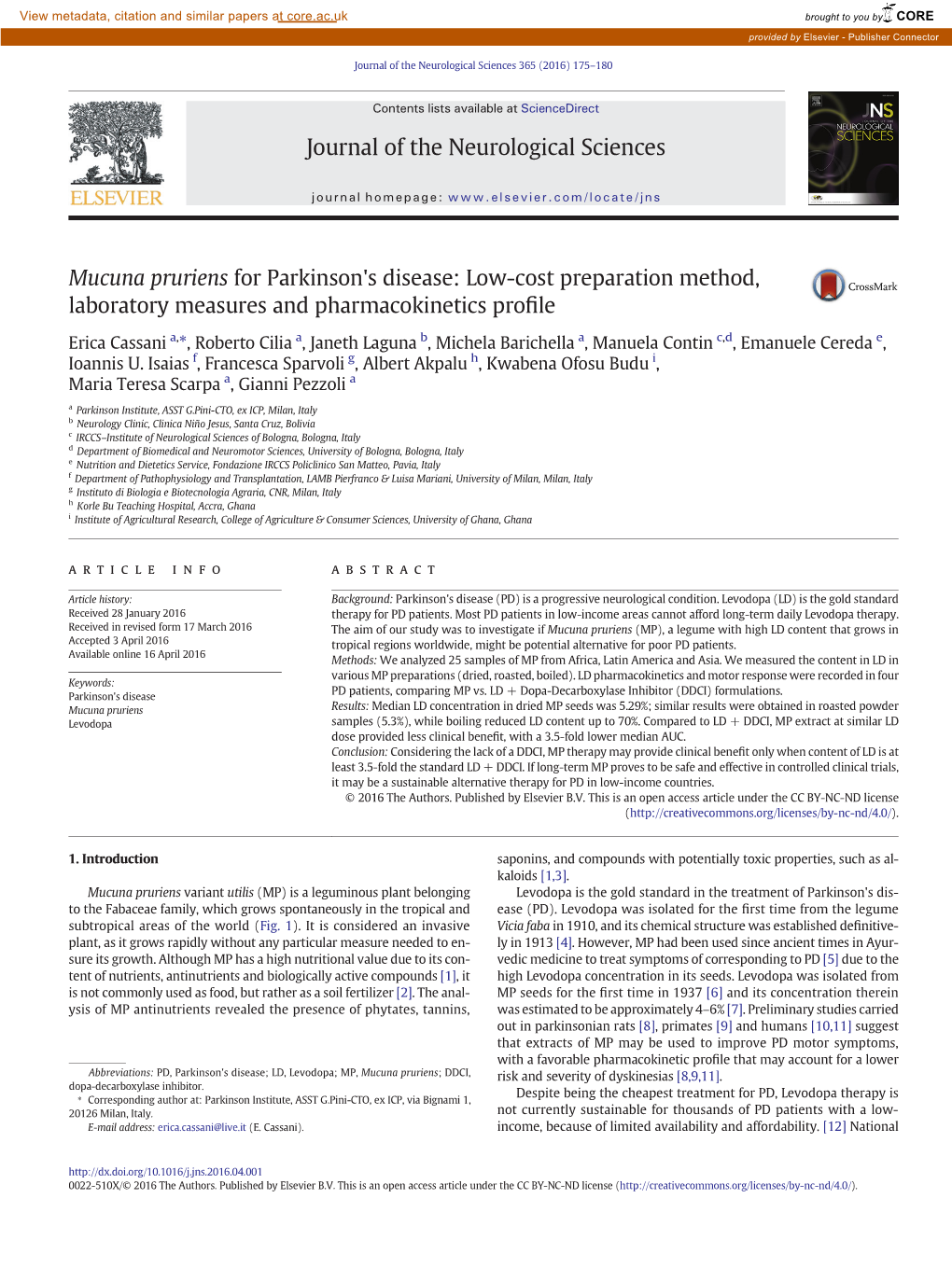 Mucuna Pruriens for Parkinson's Disease: Low-Cost Preparation Method, Laboratory Measures and Pharmacokinetics Proﬁle