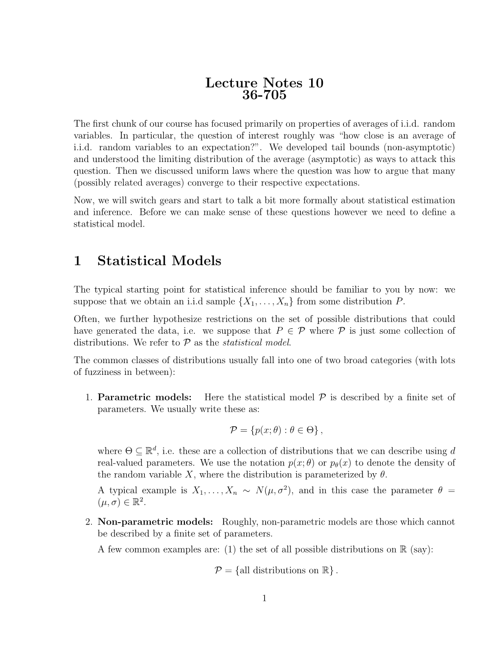 Lecture Notes 10 36-705 1 Statistical Models