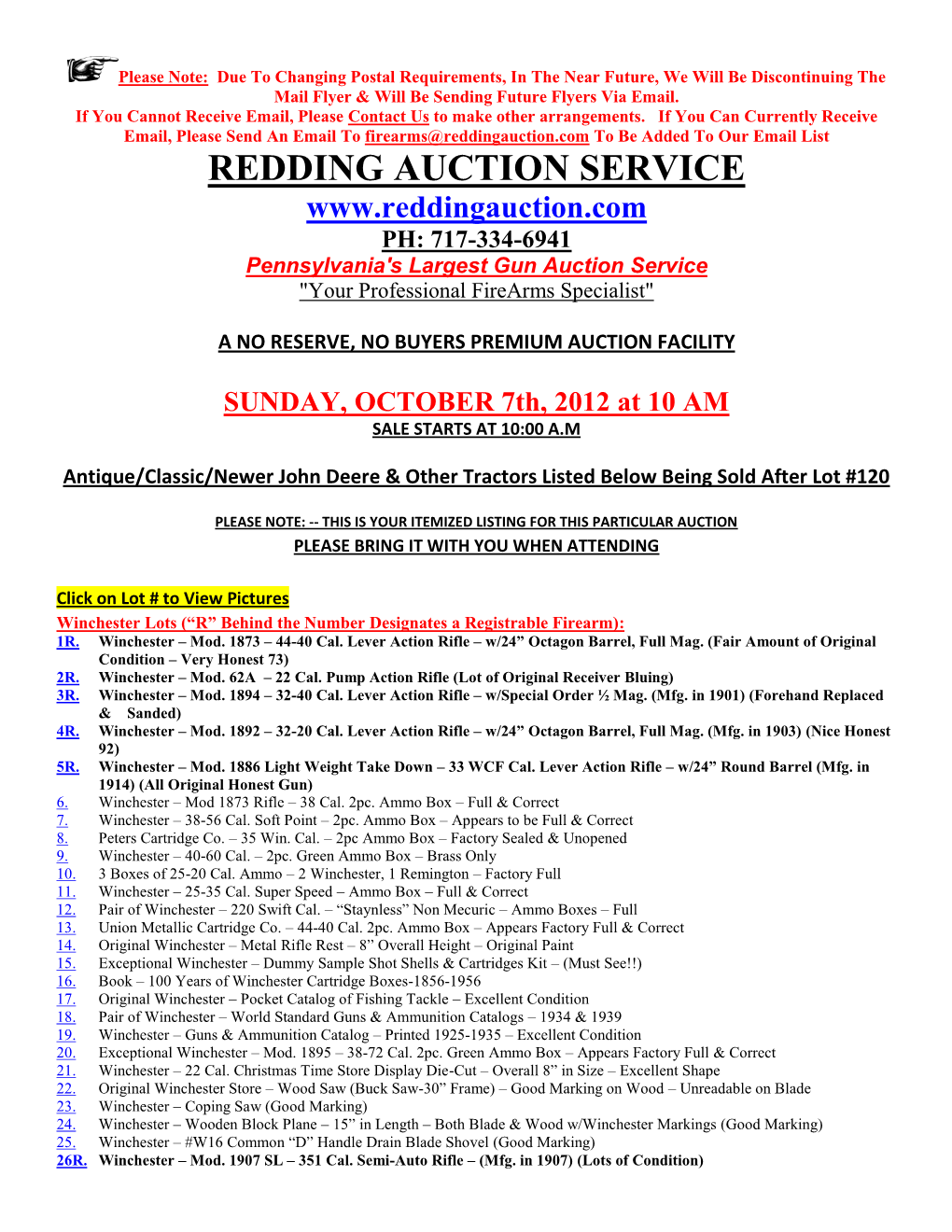 REDDING AUCTION SERVICE PH: 717-334-6941 Pennsylvania's Largest Gun Auction Service "Your Professional Firearms Specialist"