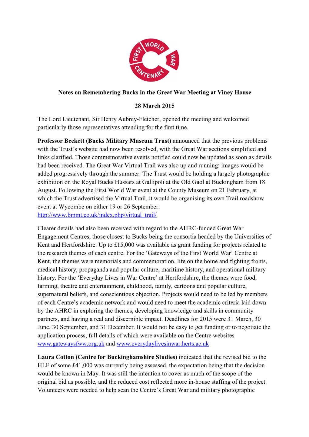 Notes on Remembering Bucks in the Great War Meeting at Viney House