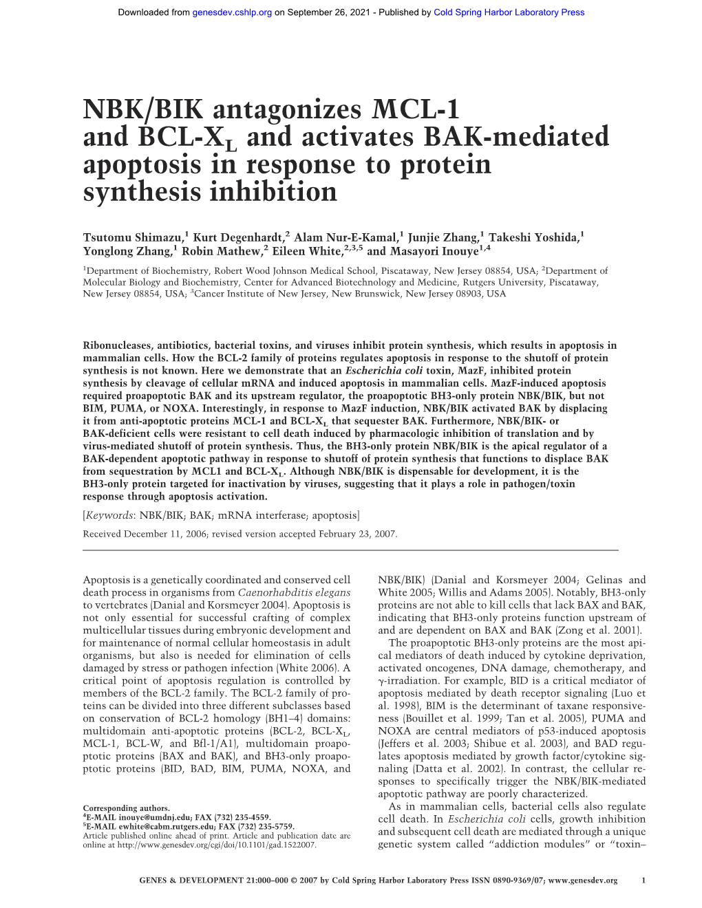 NBK/BIK Antagonizes MCL-1 and BCL-XL and Activates BAK-Mediated Apoptosis in Response to Protein Synthesis Inhibition