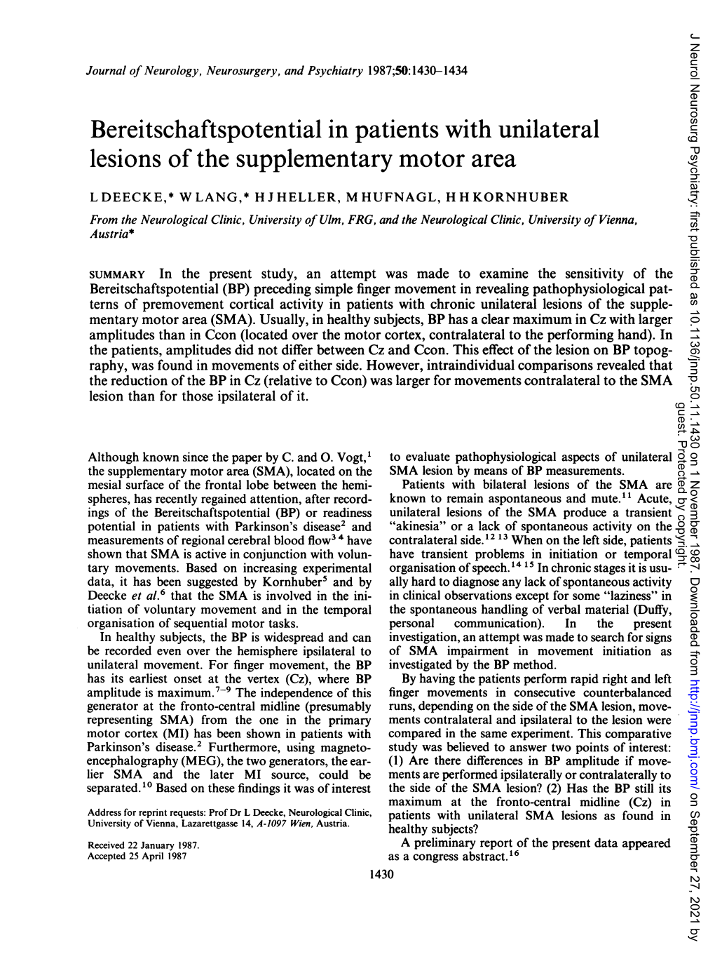 Bereitschaftspotential in Patients with Unilateral Lesions of the Supplementary Motor Area