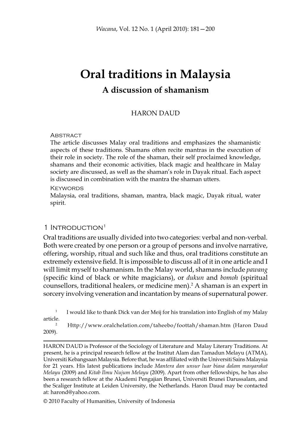 Oral Traditions in Malaysia a Discussion of Shamanism