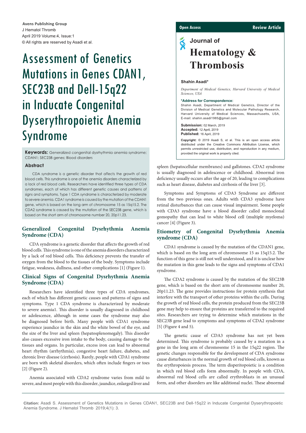 Assessment of Genetics Mutations in Genes CDAN1, SEC23B and Dell-15Q22 in Inducate Congenital Dyserythropoietic Anemia Syndrome