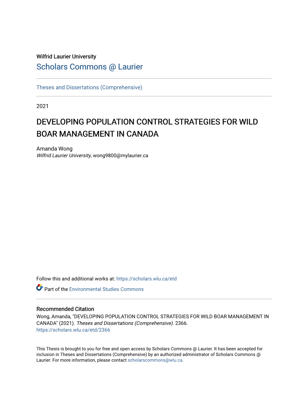 Developing Population Control Strategies for Wild Boar Management in Canada