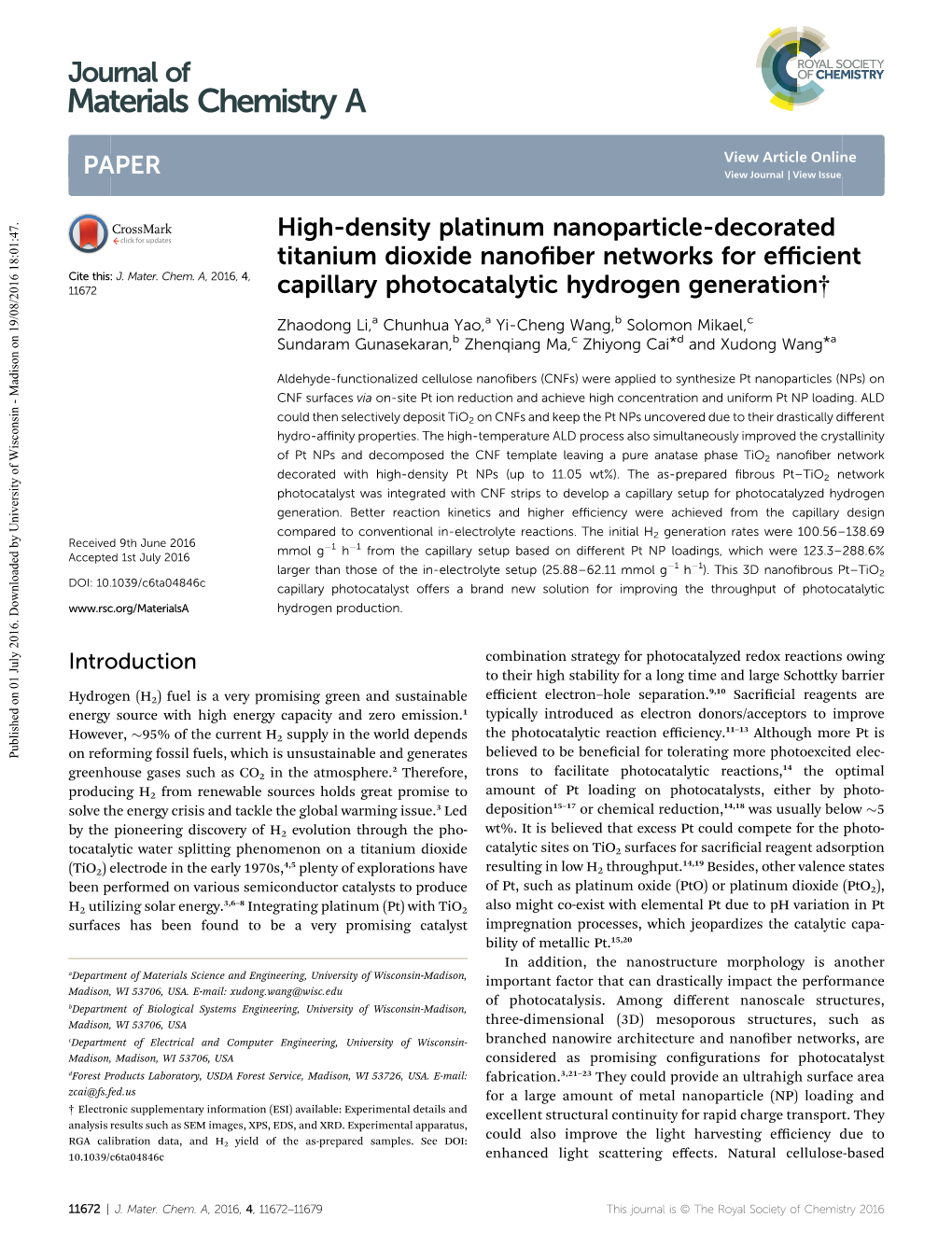 High-Density Platinum Nanoparticle-Decorated Titanium Dioxide Nanoﬁber Networks for Eﬃcient Cite This: J