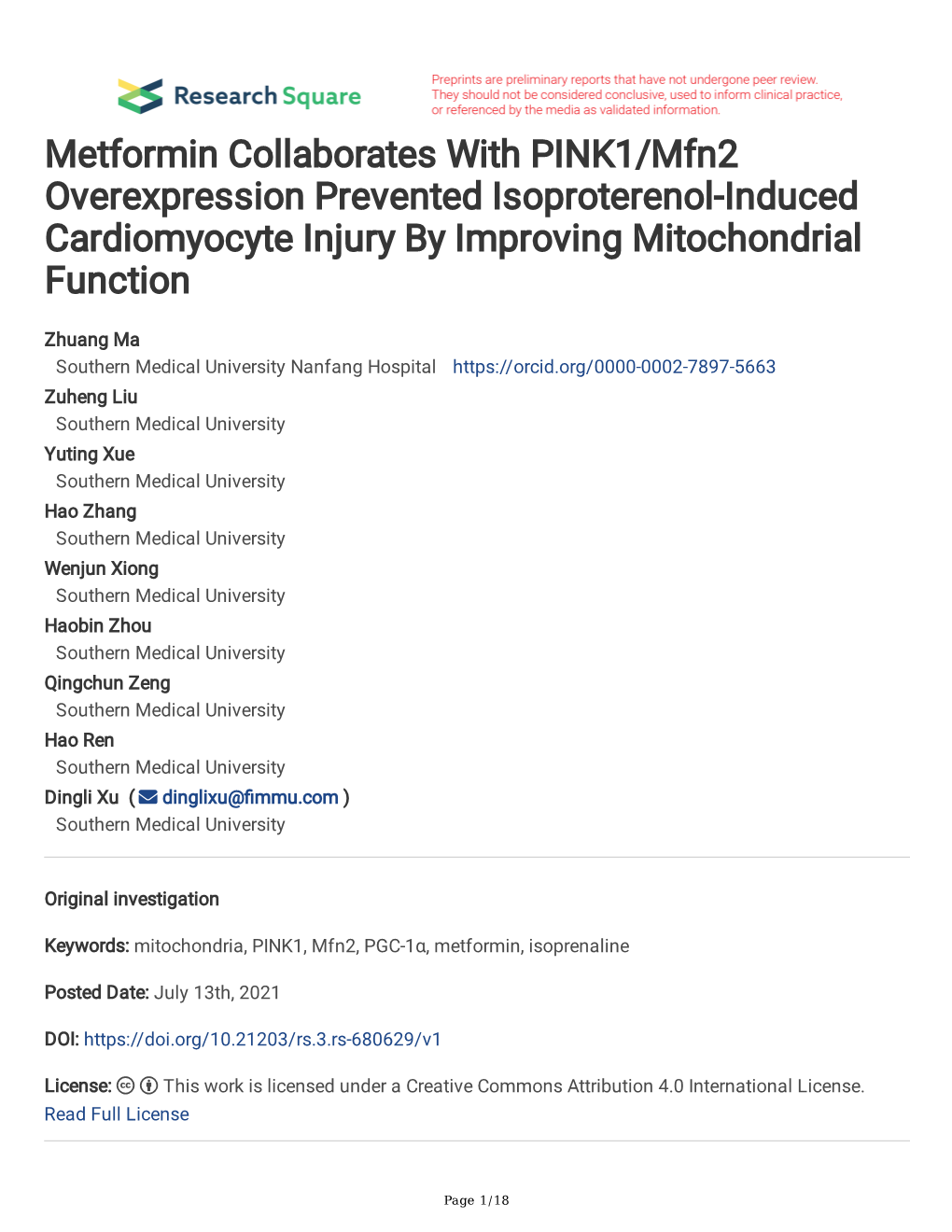 Metformin Collaborates with PINK1/Mfn2 Overexpression Prevented Isoproterenol-Induced Cardiomyocyte Injury by Improving Mitochondrial Function