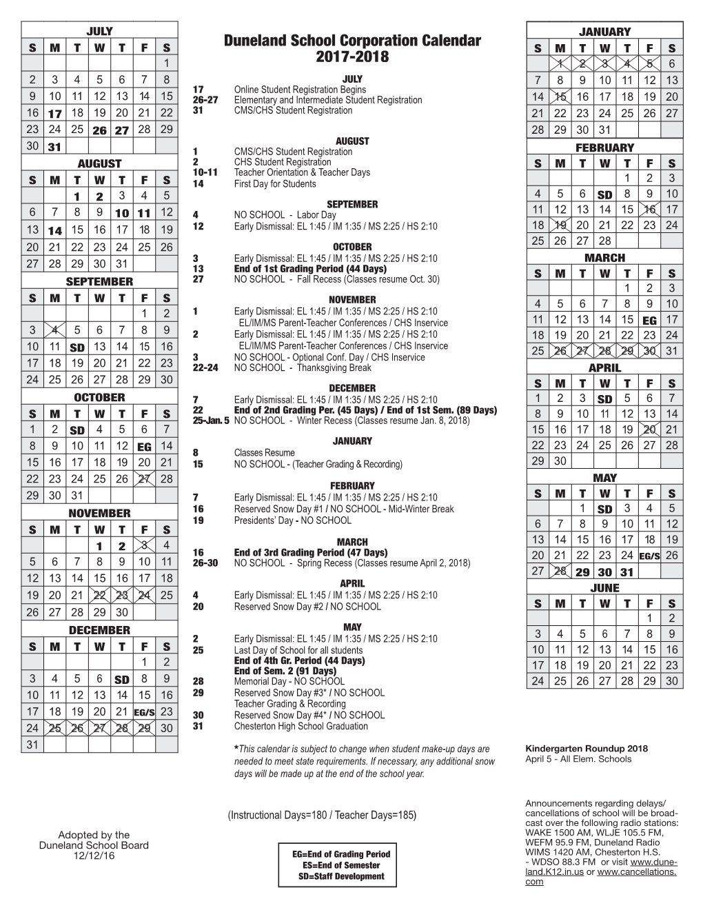 Duneland School Corporation Calendar 2017-2018