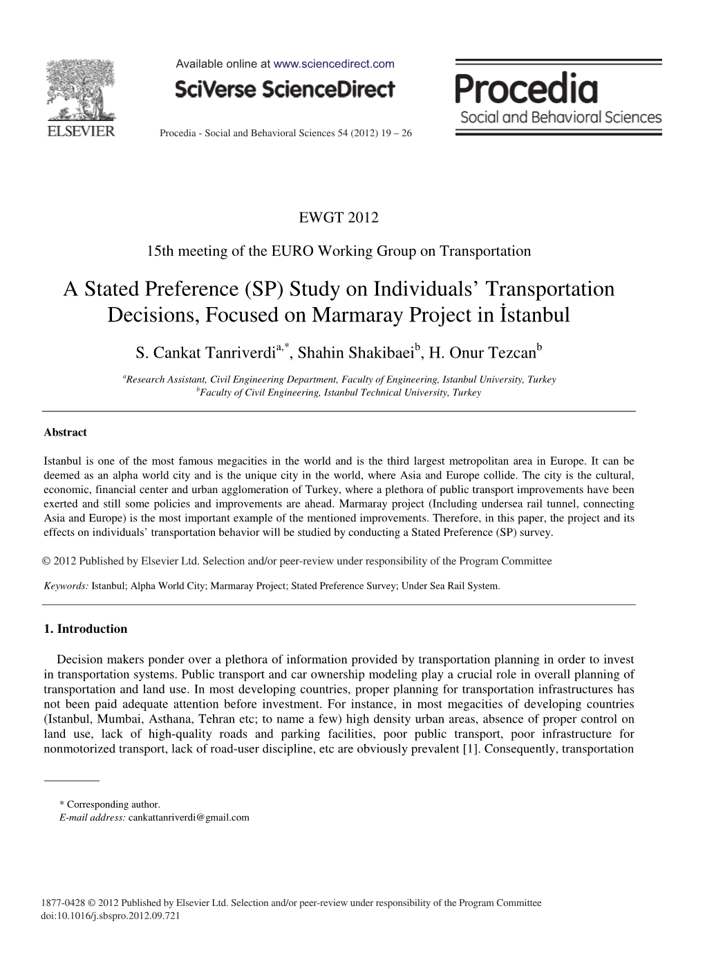 A Stated Preference (SP) Study on Individuals’ Transportation Decisions, Focused on Marmaray Project in Østanbul