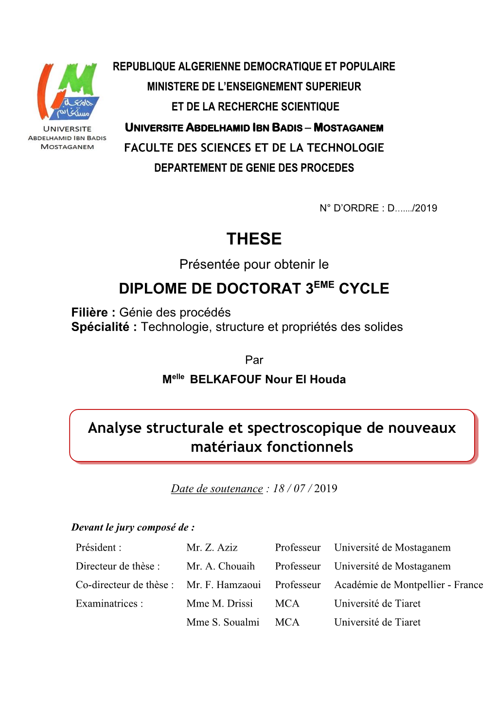 DIPLOME DE DOCTORAT 3EME CYCLE Analyse Structurale Et